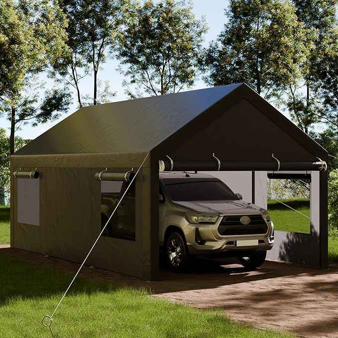 Shintenchi Carport 10' x 20' Heavy Duty Portable Garage, Carport Canopy with Side-Opening Door & Roll-Up Windows, Car Canopy for Truck,Car,Grey