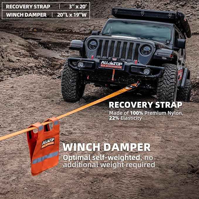 ALL-TOP Recovery Pack Pro 11in1: Water-Resist Offroad Gear Bag with Recovery Strap Kit(3), Damper, 2 Soft Shackles, SS Hitch Mount, Recovery Ring, Deflator & Gloves