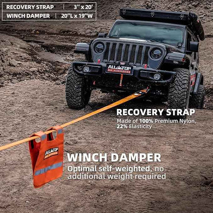 ALL-TOP Recovery Pack 7in1: Water-Resist Offroad Gear Bag with Tow Strap, Tree Saver, Extension Strap, Damper & 2 Soft Shackles