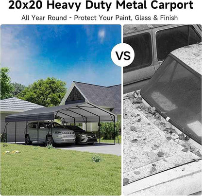 20x20FT Heavy Duty Metal Carport with Galvanized Steel Roof and Frame, Multi-Use Large Outdoor Garage Shelter with 4 Reinforced Supports for 2 Car,SUV,Truck Storage,Gray