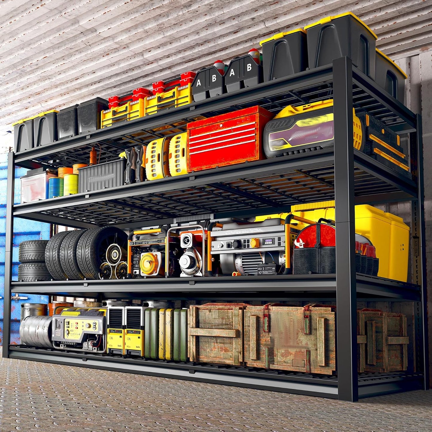 REIBII 60" W Garage Shelving Heavy Duty 2500LBS Storage Shelves 4-Tier Garage Shelves, Adjustable Metal Shelving for Warehouse, Pantry, Kitchen, Commercial, 60" W*60" H*24" D