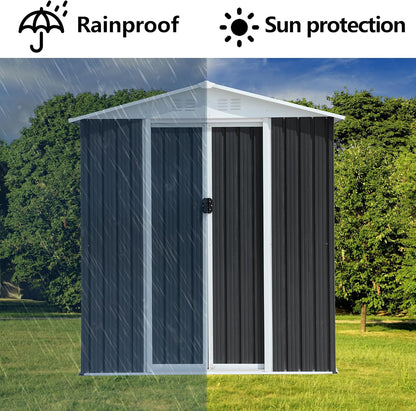 6x9 FT Outdoor Storage Shed, Metal Garden Shed with Lockable Sliding Doors, Outside Tool Shed with Sloped Roof & 4 Air Vents, Waterproof Storage Building for Backyard, Patio, Lawn, Gray