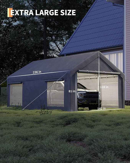 GarveeLife 12x20 ft Portable Garage, Car Port with 200 g PE Tarp Cover, with Front & Rear Roll-Up Doors and 4 Windows, for Temporary Paint Booth, Boats&Pickups Shed, and Event Shelter, Gray