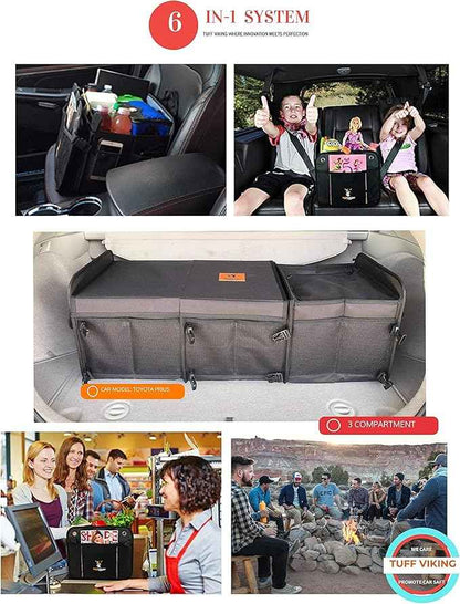Tuff Viking Convertible Large 3 Compartment SUV Trunk Organizer with Cover | Truck Bed Organizer | for Trucks, Cars, SUVs and Groceries with Tie Down Straps. (6 in 1 with Cover, Black)