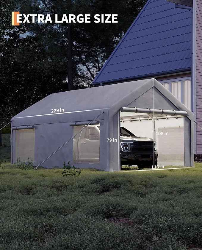 Garvee 10x20 ft Portable Garage, Car Port with 200 g PE Tarp Canopy, with 2 Roll-Up Doors and 4 Windows, for Temporary Paint Booth, Boats&Pickups Shed, and Event Shelter, White