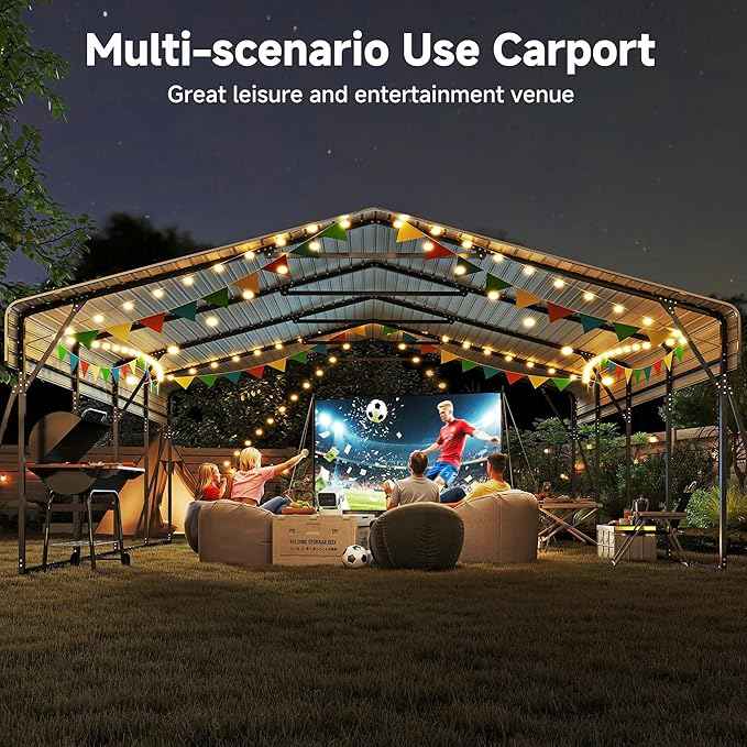 Heavy Duty Metal Carport, 20 x 20FT Outdoor Carport with Galvanized Steel Frame and Roof, Multi-Use Car Shelter for 2 Cars, Pickup, Tractors, Gray