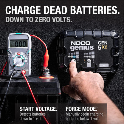 NOCO Genius GEN5X2: 2-Bank, 10A Onboard Battery Charger - 5A Per Bank, 12V Waterproof Marine Charger with Overcharge Protection & Temperature Compensation – for Lead-Acid & Lithium Batteries