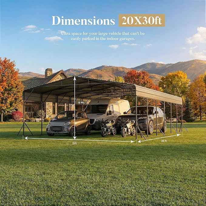 20x30 FT Heavy Duty Metal Carport Kit, Waterproof Windproof Aluminum Car Ports with Steel Shelter Frame Cover for 2 Car or Boats, Easy Assembly Tractor/Car Storage