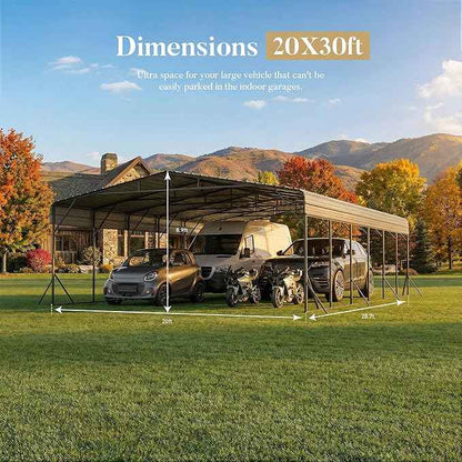20x30 FT Heavy Duty Metal Carport Kit, Waterproof Windproof Aluminum Car Ports with Steel Shelter Frame Cover for 2 Car or Boats, Easy Assembly Tractor/Car Storage