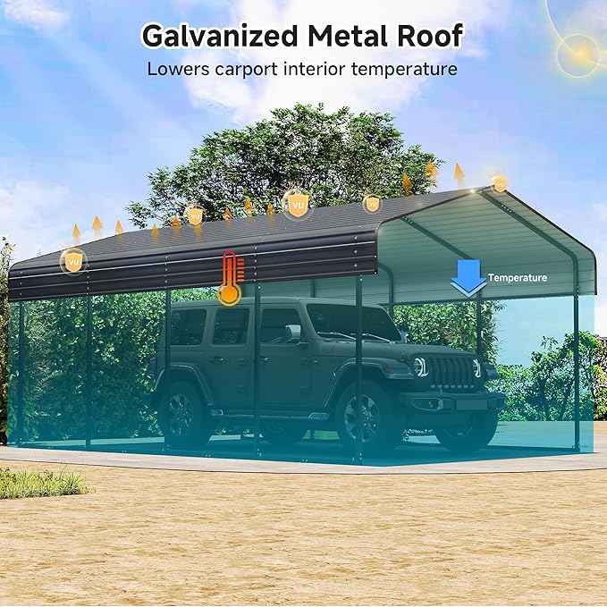 12x20 FT Metal Carport with Reinforced Base, Outdoor Heavy Duty Garage Car Shelter with Galvanized Steel Frame for Pickup, Boat, Car and Tractors, Party, Dark Gray