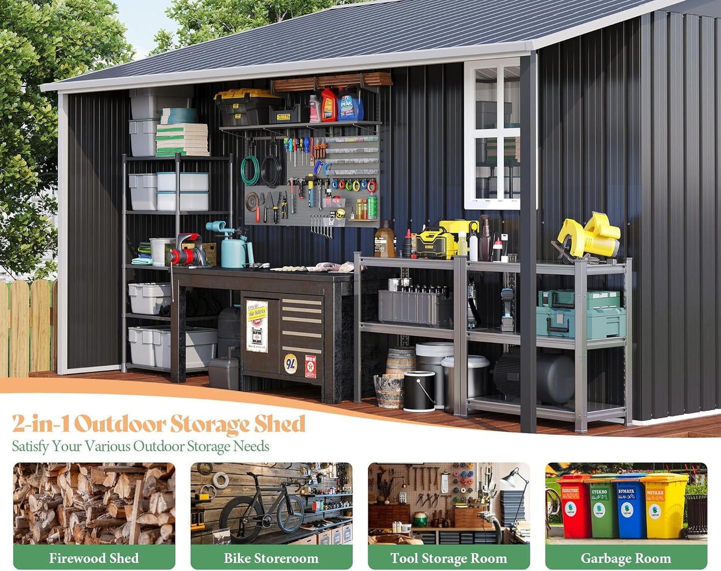 AMERLIFE 10.6x10.3x6.3 FT Galvanized Metal Storage Shed with Open Firewood Bay, Sliding Doors & Ramp, 2 Windows & Vents, Weather-Resistant Outdoor Tool/Garden Shed, Dark Grey/White