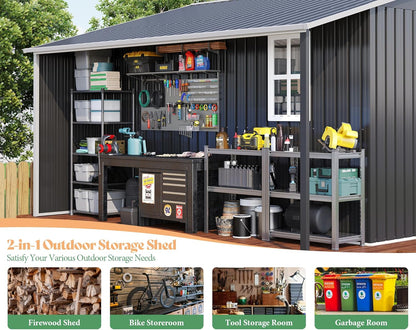 AMERLIFE 10.6x10.3x6.3 FT Galvanized Metal Storage Shed with Open Firewood Bay, Sliding Doors & Ramp, 2 Windows & Vents, Weather-Resistant Outdoor Tool/Garden Shed, Dark Grey/White