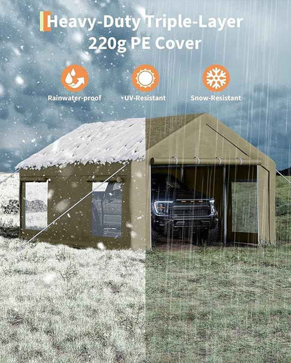 GarveeLife 13x20 ft Portable Garage, Car Port with 220 g PE Tarp Cover, with Front & Rear Roll-Up Doors and 4 Windows, for Temporary Paint Booth, Boats&Pickups Shed, and Event Shelter, Khaki