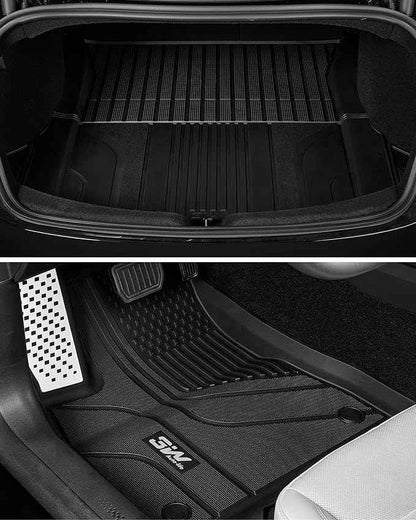 3W Tesla Model 3 Floor Mats 2026 2025 2024 with Mental Pedal, Full Set with Seatback Protector, Highland All Weather Custom Fit Rear Trunk Mat Accessories Black