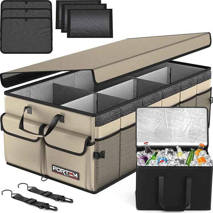 FORTEM Trunk Organizer with Cooler For SUV Car Trunk, Foldable Storage, Car Accessories for Women Men, Collapsible Bag, Perfect Christmas Gifts, 600D Oxford, Non Slip Bottom, Straps, Soft Cover (105L)