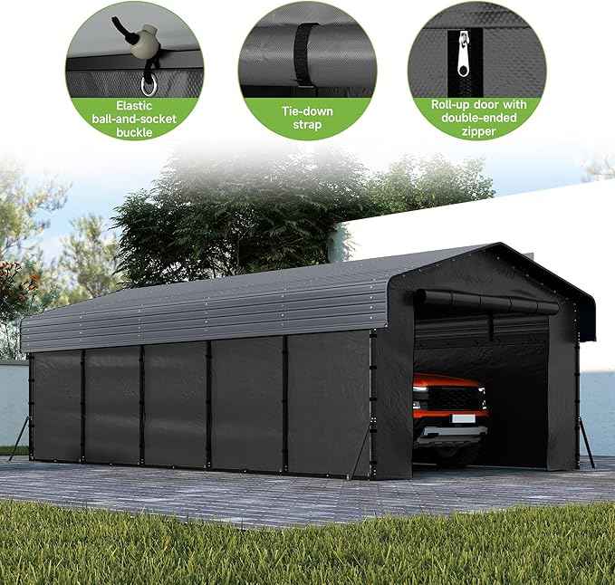13x26FT Heavy Duty Metal Carport,Outdoor Garage with Removable Sidewalls & Doors, Heavy Duty Steel Frame and Galvanized Roof for Cars and Boats, Gray