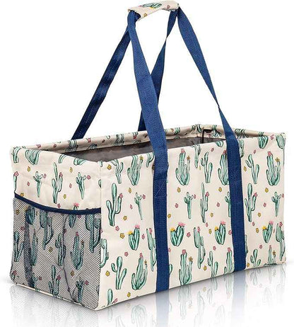 Extra Large Utility Tote Bag, Oversized Collapsible Reusable Wire Frame Rectangular Canvas Basket With Two Exterior Pockets For Beach, Pool, Laundry, Car Trunk, Storage - Cactus White