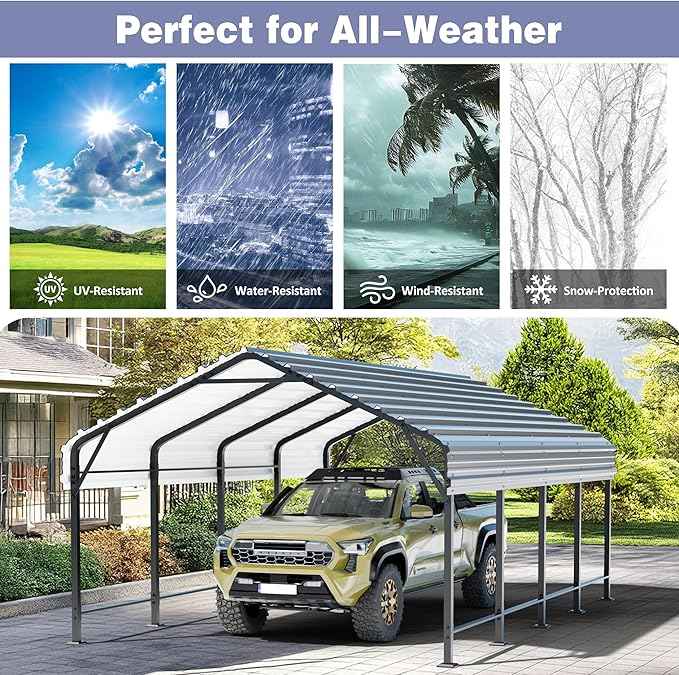 JY QAQA 12 x 20 ft Metal Carport, Heavy Duty Carport Canopy with Galvanized Steel Roof, Outdoor Car Tent Metal Garage Shelter for Car, SUV, Trucks and Boats