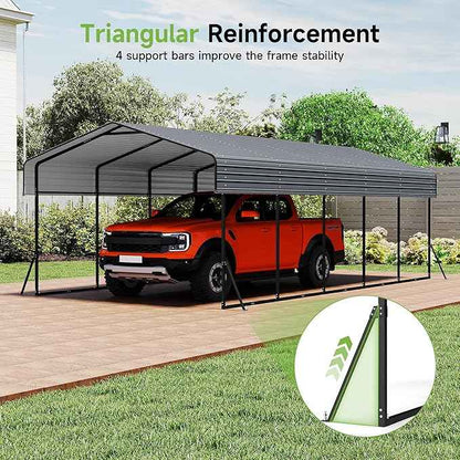 Heavy Duty Metal Carport, 13x26FT Carport Canopy with Galvanized Steel Roof and Reinforced Frame, 2 Support Rods, Outdoor Garage Car Shelter Shade for Cars, Boats and Truck, Party, Gray