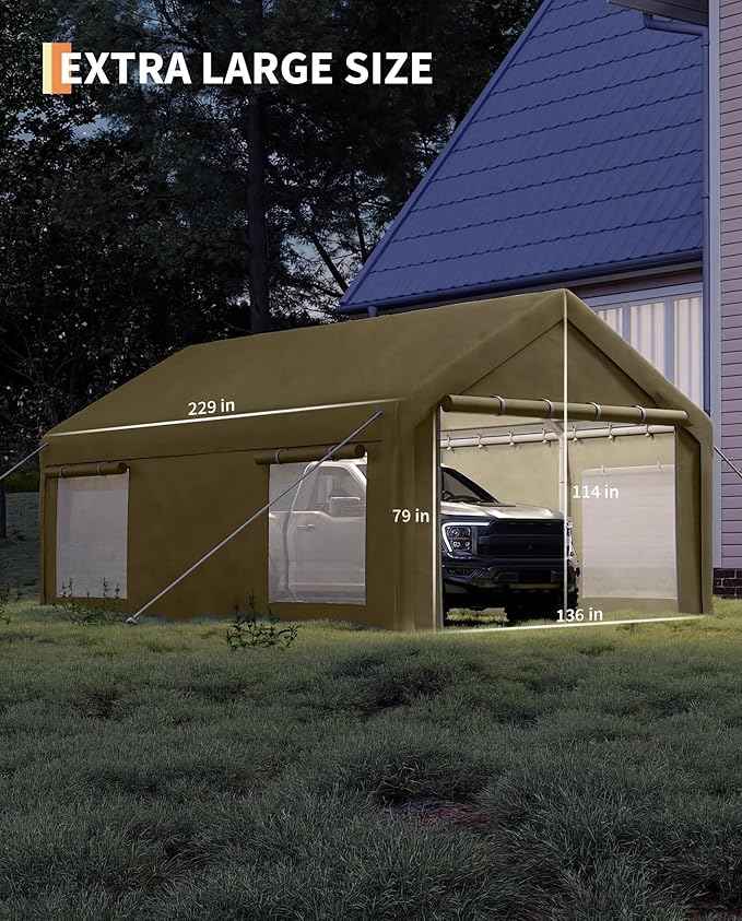 Garvee 12x20 ft Portable Garage, Car Port with 200 g PE Tarp Canopy, with 2 Roll-Up Doors and 4 Windows, for Temporary Paint Booth, Boats&Pickups Shed, and Event Shelter, Khaki