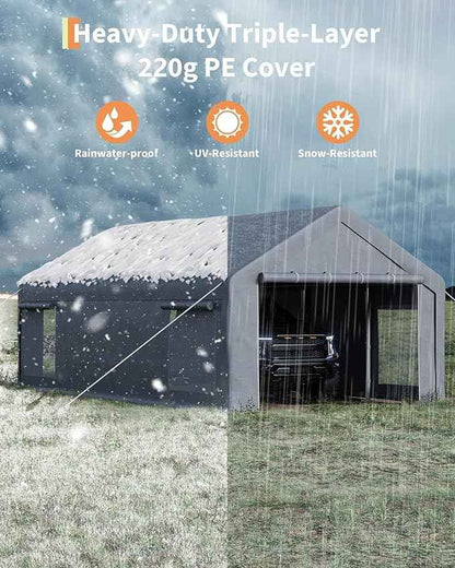 GarveeLife 13x25 ft Portable Garage, Car Port with 220 g PE Tarp Cover, with Front & Rear Roll-Up Doors and 4 Windows, for Temporary Paint Booth, Boats&Pickups Shed, and Event Shelter, Gray
