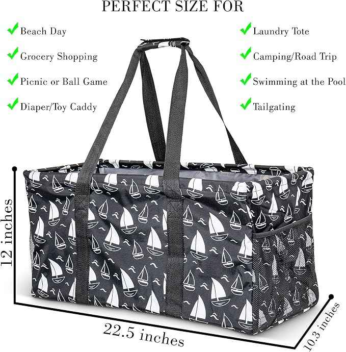 Extra Large Utility Tote Bag - Oversized Collapsible Reusable Wire Frame Rectangular Canvas Basket With Two Exterior Pockets For Beach, Pool, Laundry, Car Trunk, Storage - Sailboat