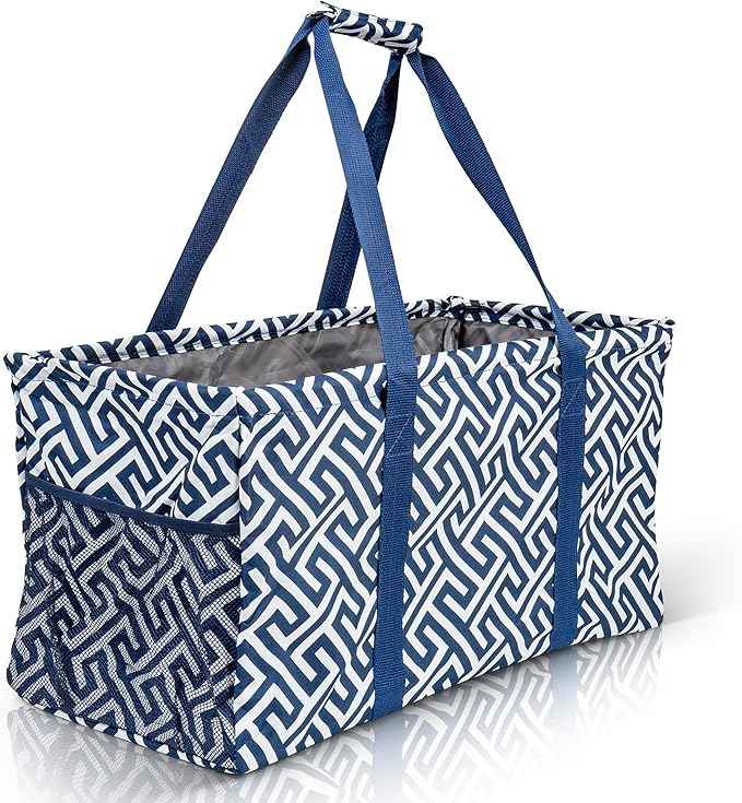 Extra Large Utility Tote Bag - Oversized Collapsible Reusable Wire Frame Rectangular Canvas Basket With Two Exterior Pockets For Beach, Pool, Laundry, Car Trunk, Storage - Geo Navy Blue