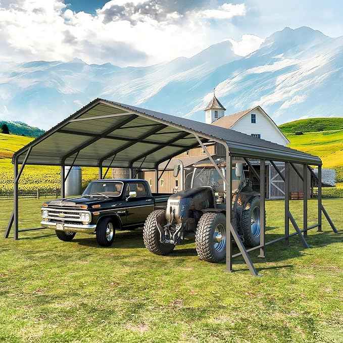 Wisteria Lane 20'x20' Metal Carport with Updated Roof & Enhanced Base, Heavy Duty Canopy Carport Garage, Vertaile for Car, Truck, Boat, Tractors, Party, Dark Gray