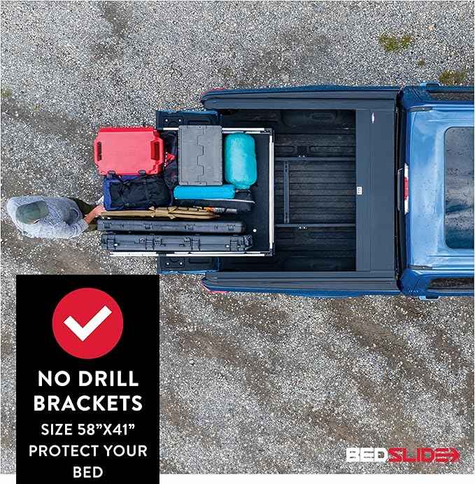 Bedslide 1000 Classic Sliding Truck Bed Organizer, 58 x 41-Inch, Capacity 1000 lbs, Truck Bed Storage Drawer, Fits 2024 Toyota Tacoma, No-Drill Brackets Included, Silver
