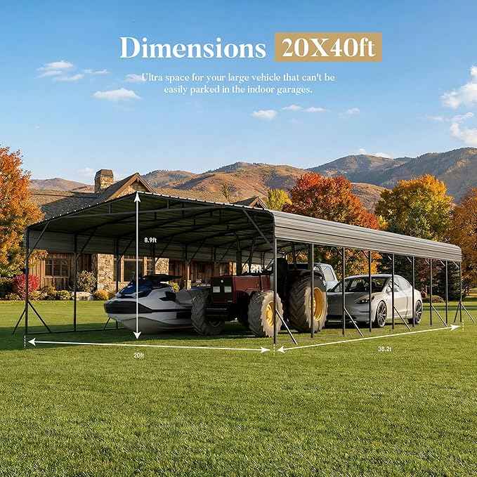 20x40 FT Heavy Duty Metal Carport Kit, Waterproof Windproof Aluminum Car Ports with Steel Shelter Frame Cover for 4 Car or Boats, Easy Assembly Tractor/Car Storage