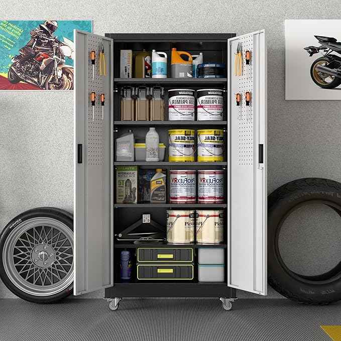 Aobabo Upgraded Garage Storage Cabinets with Wheels,Metal Storage Cabinets with 5 Adjustable Shelves for Garage Home Office Storage, Black&Silver,71''H*32''W*16''D,Assembly Required
