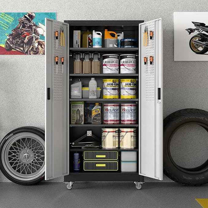 Aobabo Upgraded Garage Storage Cabinets with Wheels,Metal Storage Cabinets with 5 Adjustable Shelves for Garage Home Office Storage, Black&Silver,71''H*32''W*16''D,Assembly Required