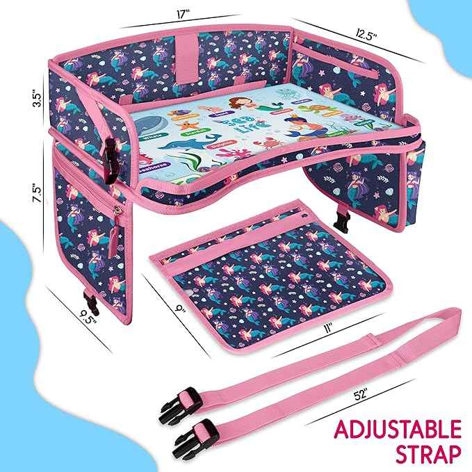 Kids Travel Tray - Waterproof Lap Table with No-Drop Large Tablet Holder - Car Seat Tray - Road Trip Essentials Kids - Car Desk Organizer for Airplane - Toddler Travel Essentials(MERMAID)