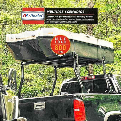 AA-Racks Model X31-J Truck Ladder Rack 800Ibs Capacity with (8) Non-Drilling Z-Clamps Extendable Steel Pick-Up Truck Bed Ladder Rack Two-bar Set - Black