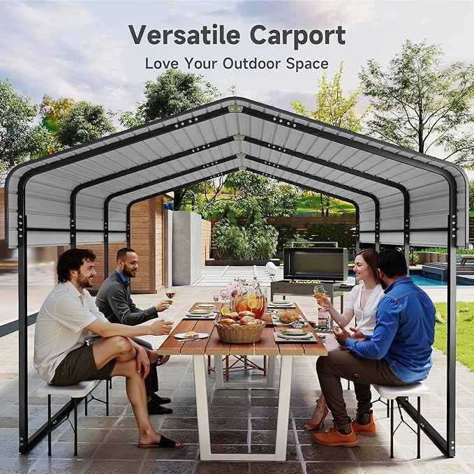 10x15FT Heavy Duty Metal Carport Canopy with Galvanized Steel Roof, Removable Sidewalls Enclosure Kit, Multi-Use Shelter Outdoor Garage for Car, Boat, Party, Gray