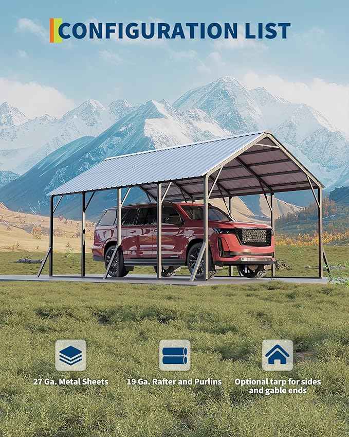Garvee 13x21 ft Metal Carport Kit, 120° Steep-Pitch Vertical Roof for Snow Shedding, 133" High-Clearance Full-Sized Pickup & Van Shelter, Heavy-Duty Metal Car Port with Reinforced Frame