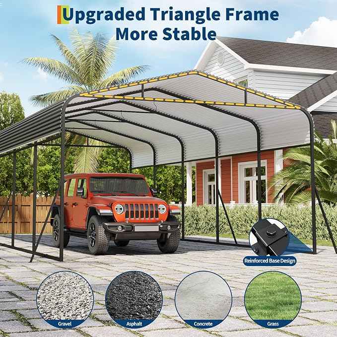 13X26 ft Metal Carport with Reinforced Base and Galvanized Steel Roof, Heavy Duty Garage Car Shelter Shade, Outdoor Car Port Canopy