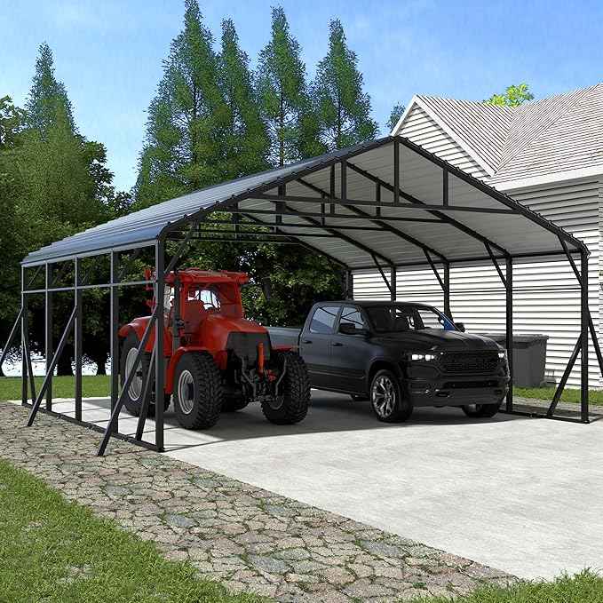 Xilingol Metal Carport, Heavy Duty Carport Canopy with Galvanized Steel Frame and Roof, Outdoor Storage Shed, Car Tent Garage Shelter for Pickup, Truck, Boat and Tractor (20x20 FT Black)