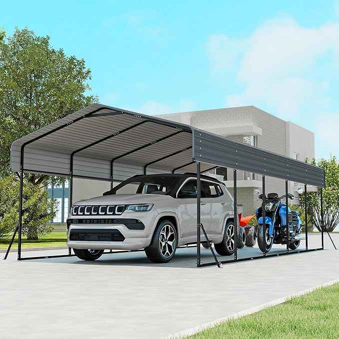 Heavy Duty Metal Carport, 13x26FT Carport Canopy with Galvanized Steel Roof and Reinforced Frame, 2 Support Rods, Outdoor Garage Car Shelter Shade for Cars, Boats and Truck, Party, Gray