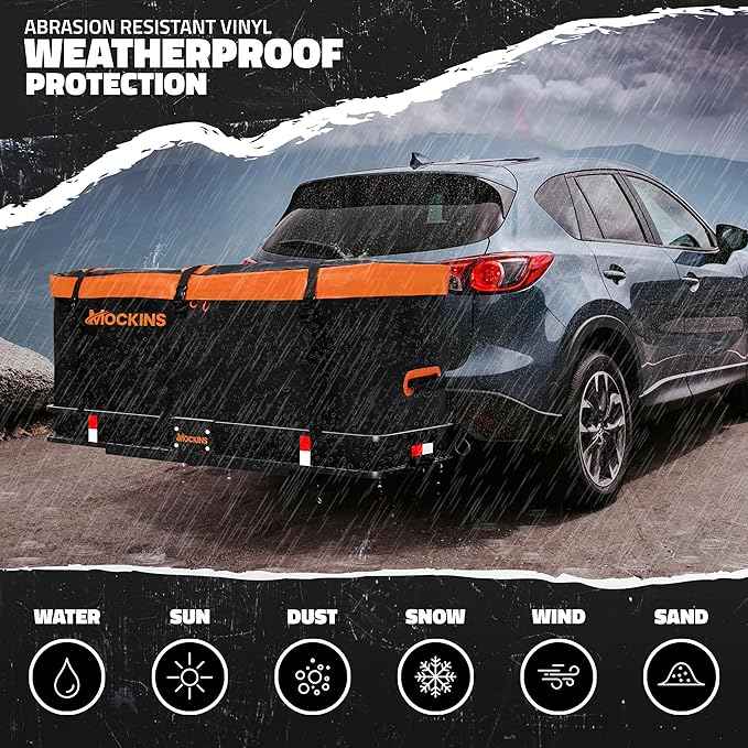 Mockins 16 Cu.Ft. Trailer Hitch Cargo Carrier Bag | 58"x20"x24" Abrasion-Resistant Vinyl Cargo Bag for Hitch Carrier | Waterproof Truck Bed Storage Set w/Buckle Straps, Combination Lock & Carry Case