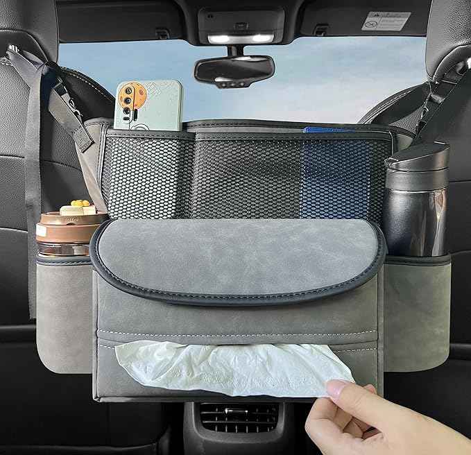 JEYODA Car Suede Seat Organizer High-capacity Seat Back Pouch Central Storage for Pickup SUVs Double-sided Tissue Storage Handbag Holder Car Accessories (Grey)