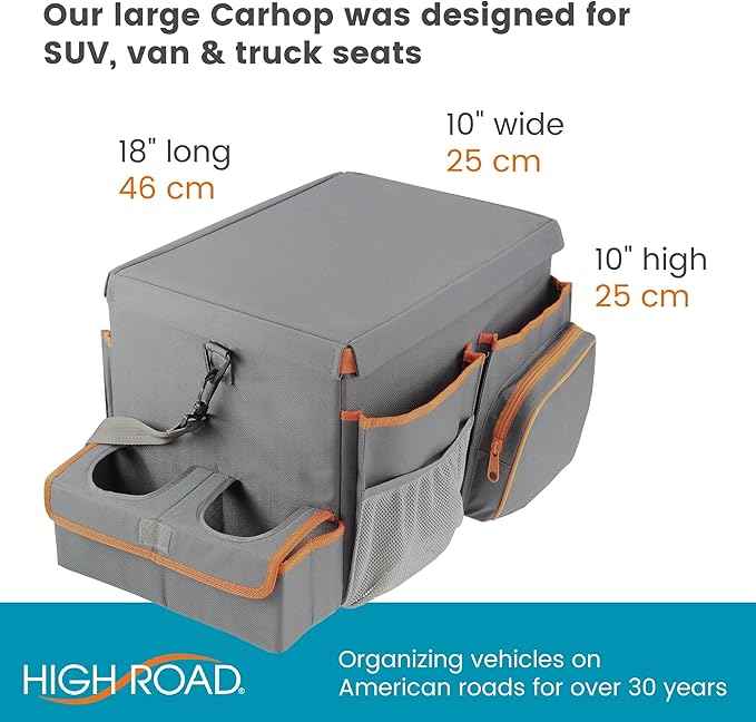 High Road CarHop Car Seat Organizer - Front Seat Organizer for Driver and Back Seat Organizer for Kids with Cup Holders, Study Tray Lid, Side Pockets and Cooler or File Compartment (Gray)