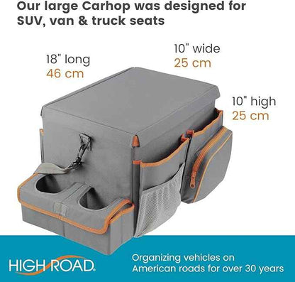 High Road CarHop Car Seat Organizer - Front Seat Organizer for Driver and Back Seat Organizer for Kids with Cup Holders, Study Tray Lid, Side Pockets and Cooler or File Compartment (Gray)