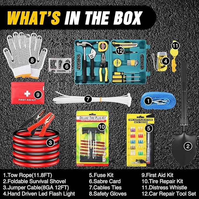 Nilight Car Emergency Kit with Jumper Cable Air Compressor Tire Repair Essential Tools First Aid Alligator Connector Electrical Kit for Travel Camping Outdoor Cars Truck SUV RV