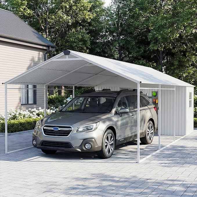 COSIEST 12x25 FT 2-in-1 Carport Storage Shed with Added Enclosed Storage Room, Heavy Duty Galvanized Metal Frame, All-Weather Use for Cars, Full-Sized Pickup Trucks, SUVs