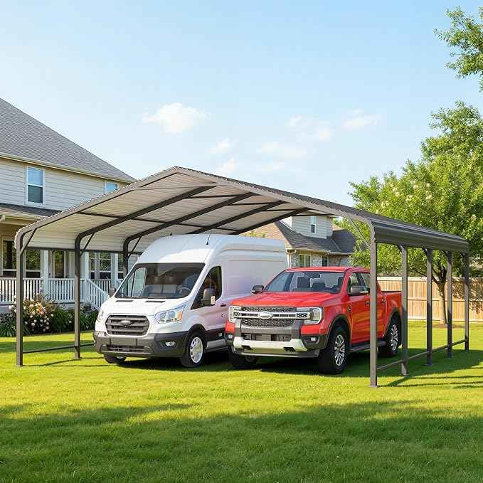 20x20 FT Metal Carport for 2 Cars, Heavy Duty Canopy Carport with Updated Roof & Enhanced Base, Garage Vertaile for RV Car, Truck, Boat, Tractors, Party, Grey