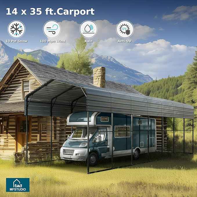 MFSTUDIO RV Carport 14x35 ft, Outdoor Heavy Duty Carports, Height 13 ft for Large RVs Metal Shed Canopy Shelters Garage Shelter Shade Car Ports with Galvanized Roof for 2 Cars, Truck and Boats ﻿