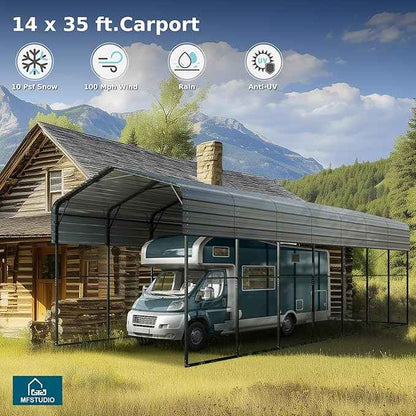 MFSTUDIO RV Carport 14x35 ft, Outdoor Heavy Duty Carports, Height 13 ft for Large RVs Metal Shed Canopy Shelters Garage Shelter Shade Car Ports with Galvanized Roof for 2 Cars, Truck and Boats ﻿