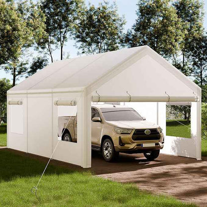 Shintenchi Portable Garage Canopy,12x20 FT Heavy-Duty Design Carport,Carport Canopy with Side-Opening Removable Door & Roll-Up Window,Portable Car Port for Car, Truck, Boat,White