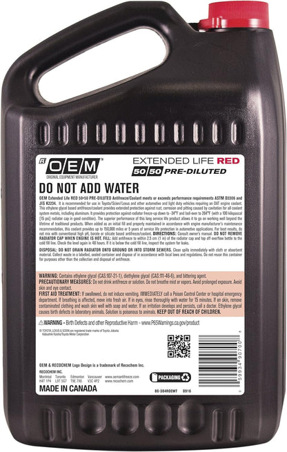 OEM Recochem Asian Vehicles Premium Antifreeze 50/50 Extended Life Coolant RED, 1 Gallon, 1 Pack